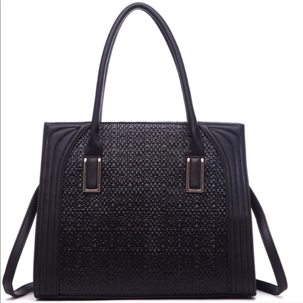 HAYLIE • Black Large Woven Tote Crossbody Bag